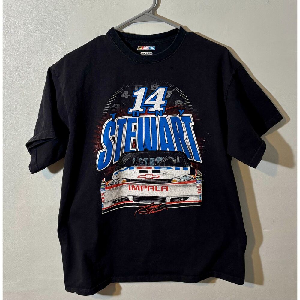Vintage Tony Stewart #14 Mobil 1 Stewart‑Haas Tee Black Size L – Double‑Sided